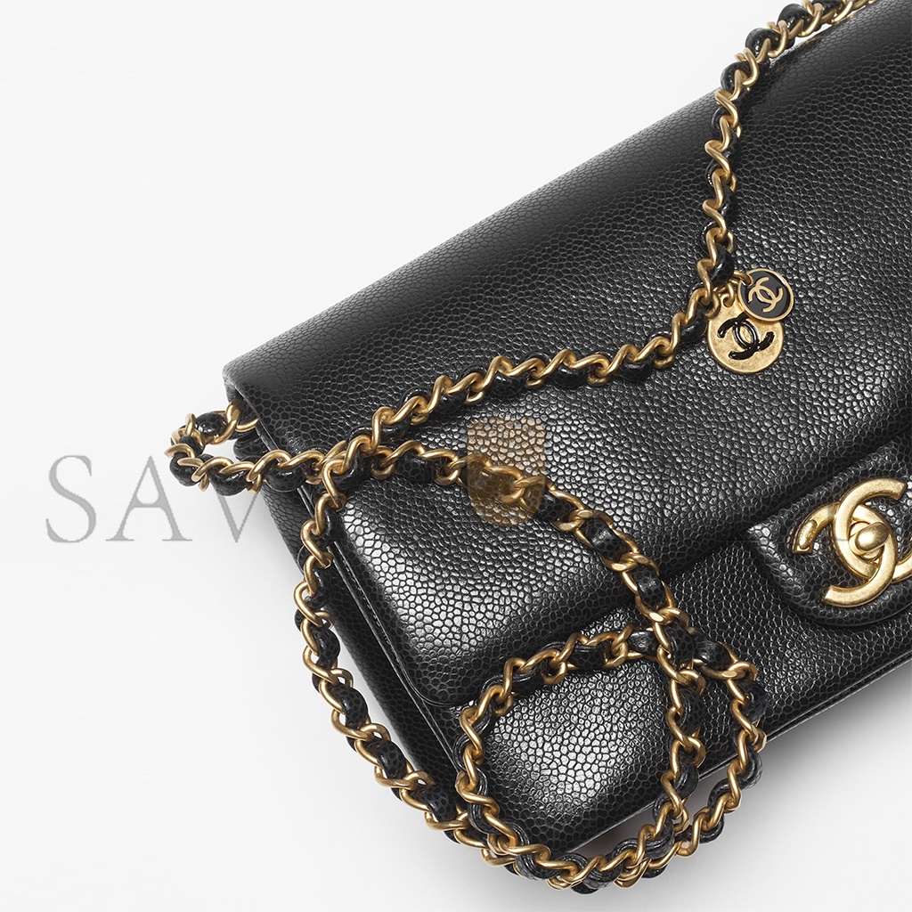 Ch*el small flap bag grained shiny calfskin & gold-tone metal as5186 (23*15*8cm)
